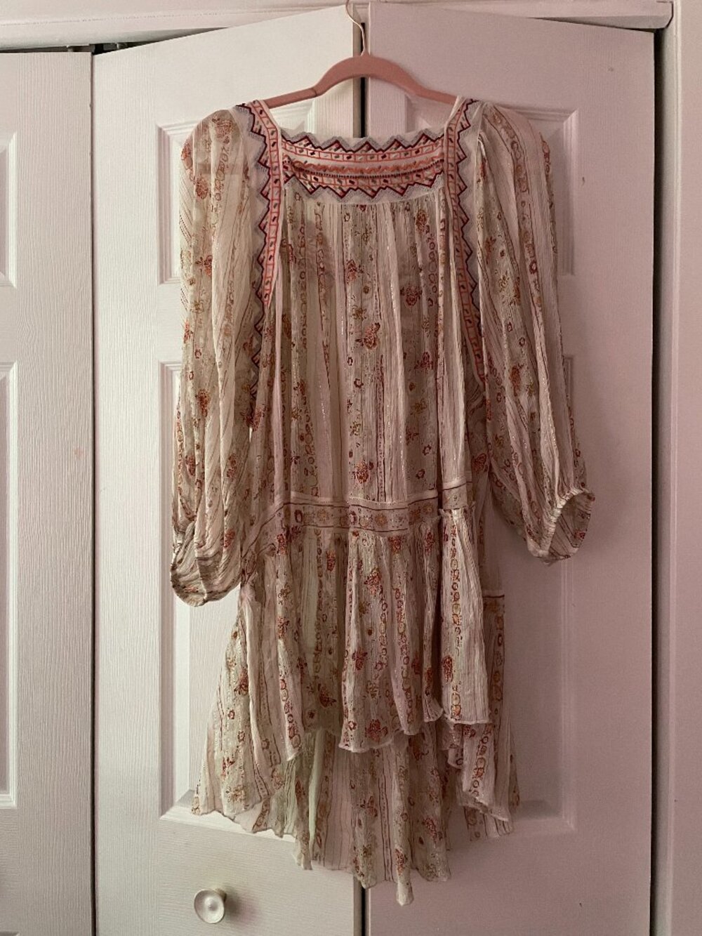 Free People Ivory Floral Boho Metallic Puff Sleeve Mini Dress S